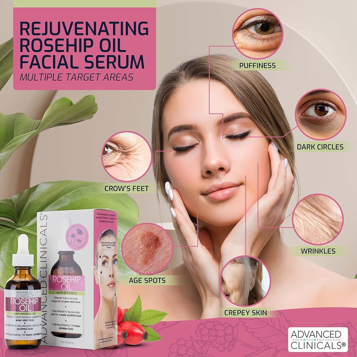 Advanced Clinicals Rosehip Oil Facial Skin Care Serum Moisturizer Face Oil W/Vitamin C & Vitamin E For Reducing Appearance Of Sun Damage Skin, Age Spots, & Wrinkles, 1.8 Fl Oz (Pack of 2)