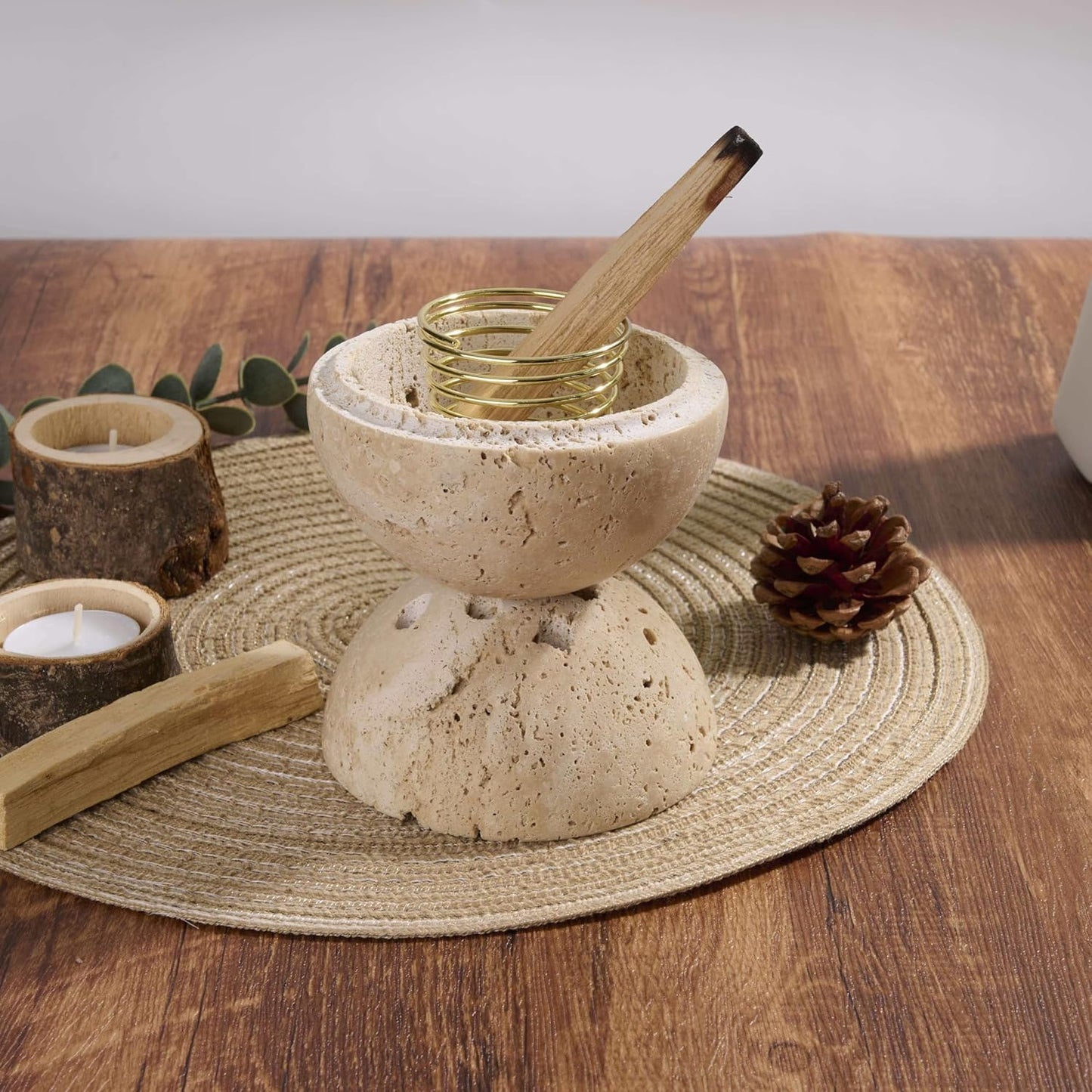 Handmade Travertine Stone Incense Resin Burner Holder – Natural Stone Incense Burner with Brass Insert for Home Decor & Relaxation