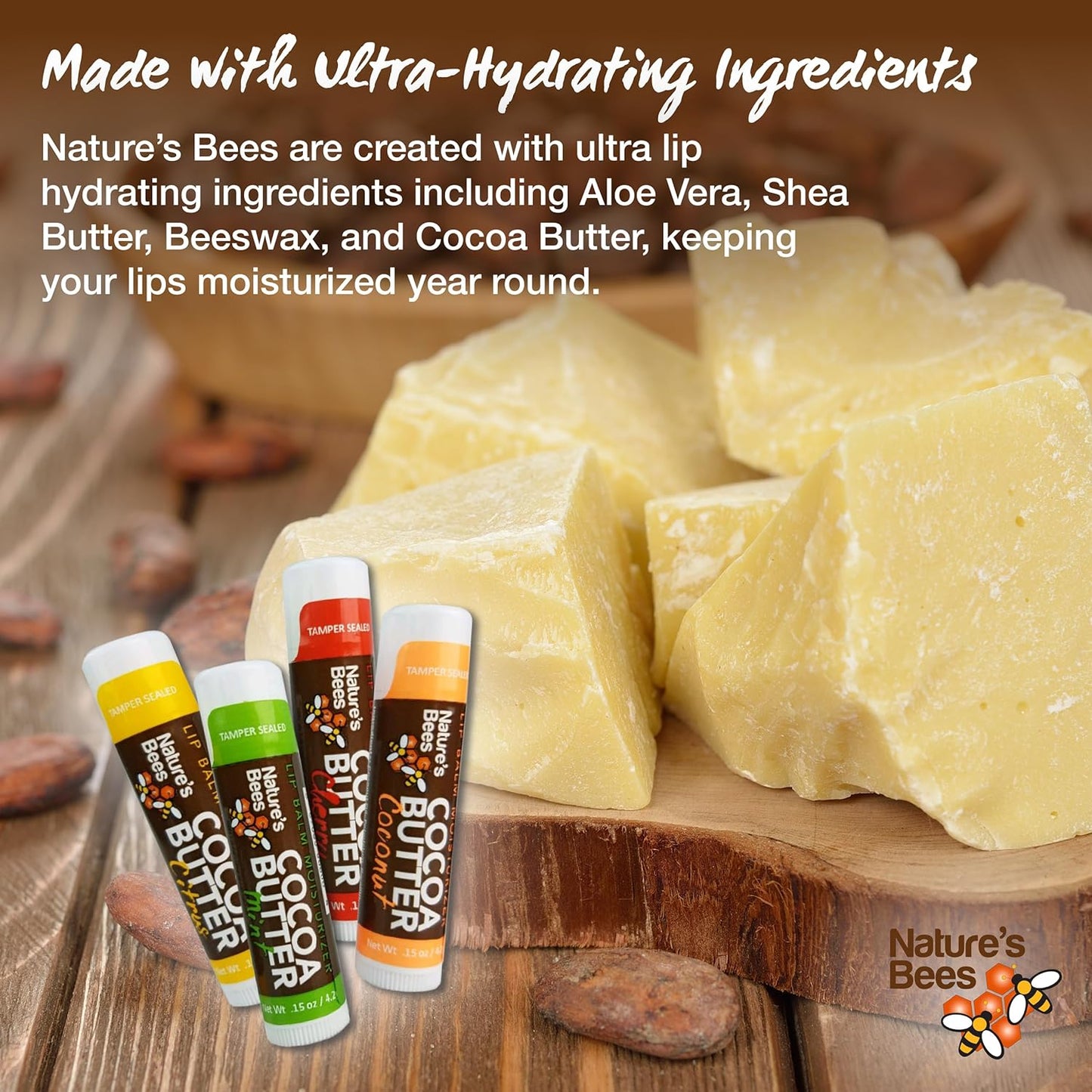 Nature's Bees Cocoa Butter Lip Balm, Lip Care for Dry Lips, Made with Coconut Oil, Beeswax, Vitamin E, Aloe, and Shea Butter, 0.15 oz Each, 4 Flavors, Citrus, Coconut, Cherry, and Mint, 24 Pack